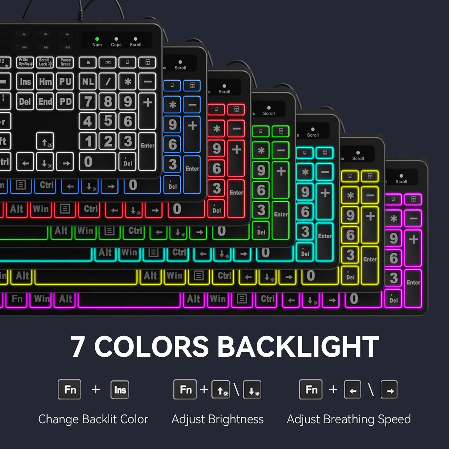 Large Print Backlit Keyboard, WK712 Wired Computer Keyboard with 7 Colors & 11 Modes Backlight, Silent Light Up Keyboard with Tablet Phone Holder, Full-Size Gaming Keyboard for Windows, Mac