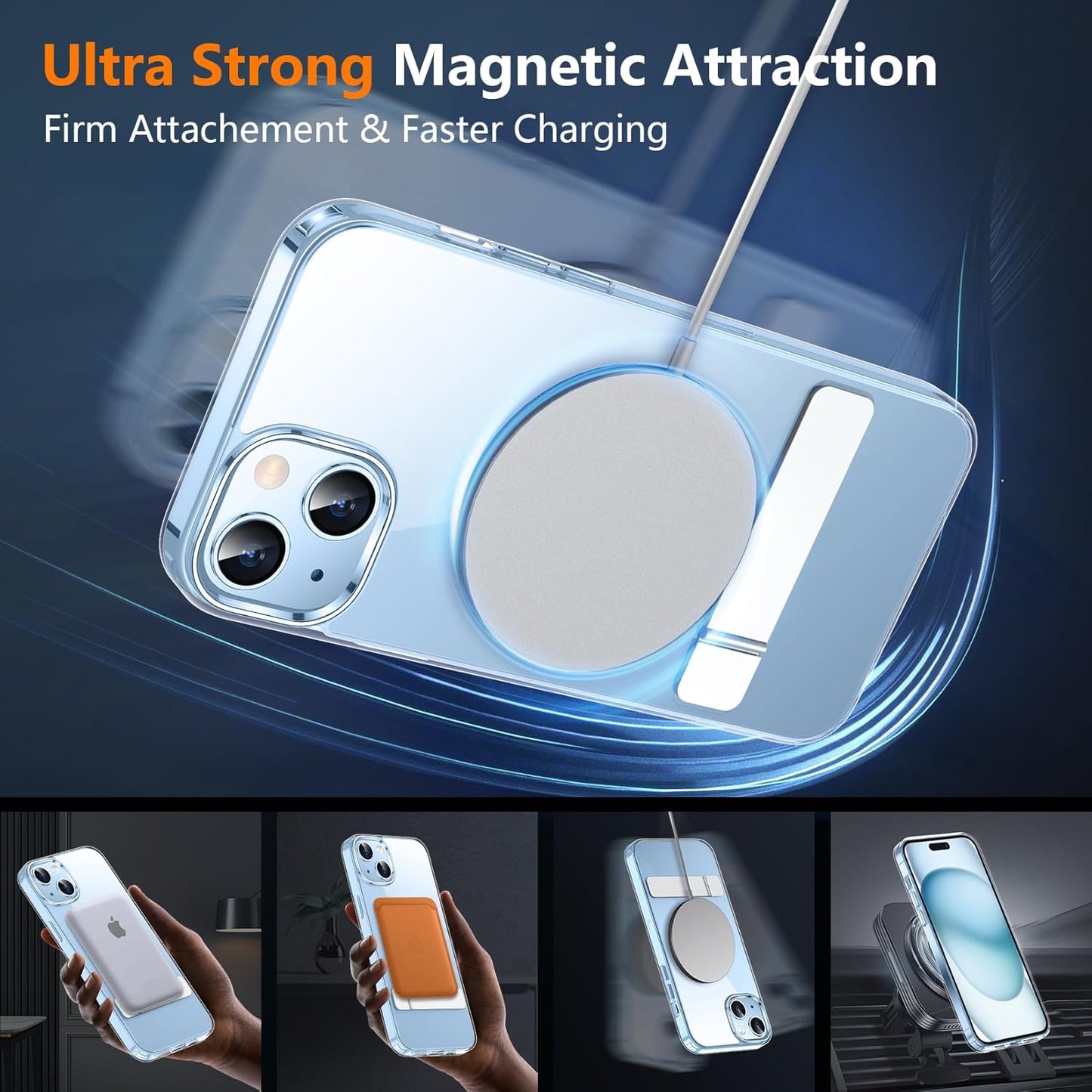 CASE for iPhone 15 Case/iPhone 14 Case, with Invisible Kickstand, Magnetic Case [10 FT Military Grade Protection] [2 pcs Tempered Glass Screen Protectors] Shockproof Slim Case, Clear