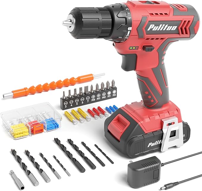 Cordless Drill Set, 20V Electric Power Drill with Battery And Charger, 30N.m and 21+1 Torque, 2 Variable Speeds, with 59pcs Drill Driver Bits Kit, Screws Set，(Red)