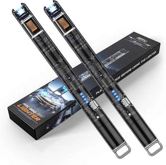 2 Pack Electric Candle Lighters - 7.4 inch Long USB Rechargeable Plasma Arc Lighter with Safety Lock, Windproof & Flameless Lighter for Scented Candles, Grill, Camping - See-Through Tech Design