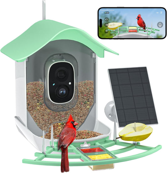 Smart Bird Feeder with Camera, AI Identify Birds Species, Bird Watching Camera with Solar Panel, Auto Capture Bird Videos 1080P & Instant Notifications, Ideal Present for Bird Lover, Green