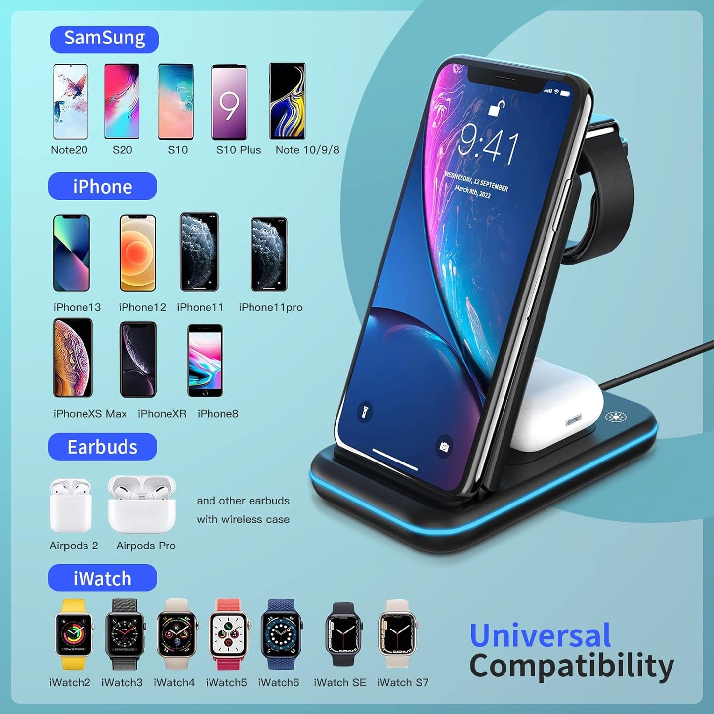 Wireless Charging Station, 3 in 1 Wireless Fast Charger Stand for iPhone 15/14/13/12/11/Pro/Max/XS/XR/X/8/Plus, for Apple Watch Ultra 8/7/6/5/4/3/2/SE, for AirPods 3/2/Pro(Adapter Included)