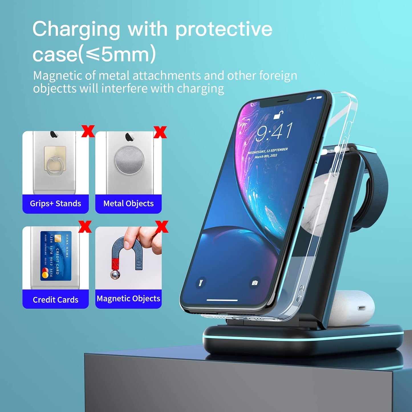 Wireless Charging Station, 3 in 1 Wireless Fast Charger Stand for iPhone 15/14/13/12/11/Pro/Max/XS/XR/X/8/Plus, for Apple Watch Ultra 8/7/6/5/4/3/2/SE, for AirPods 3/2/Pro(Adapter Included)