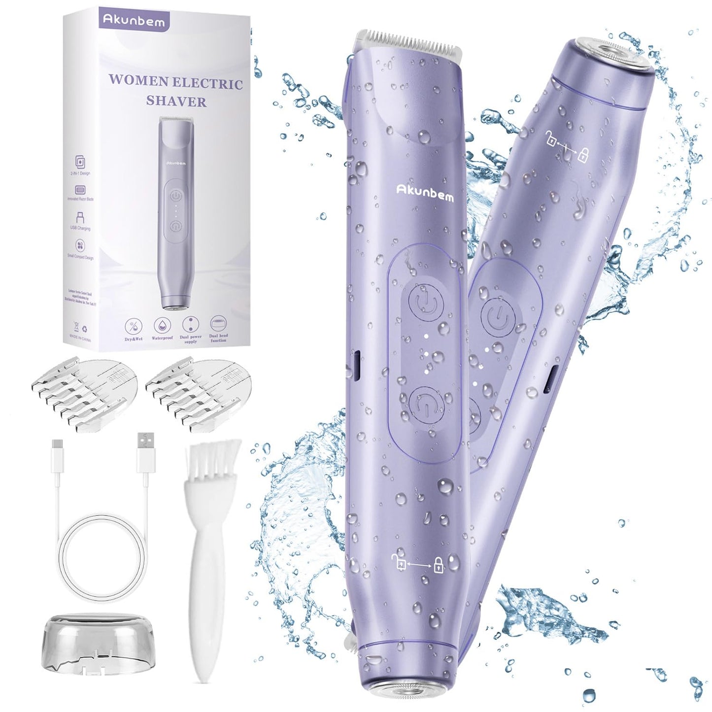 2 in 1 Women Electric Shaver Dual Head Bikini Trimmer for Women IPX7 Waterproof Wet & Dry Use Body Hair Trimmer and Facial Hair Remover for Bikini Underarm Leg Arm Body Face, Purple