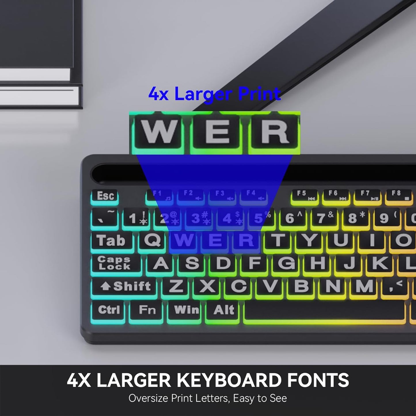 Large Print Backlit Keyboard, WK712 Wired Computer Keyboard with 7 Colors & 11 Modes Backlight, Silent Light Up Keyboard with Tablet Phone Holder, Full-Size Gaming Keyboard for Windows, Mac