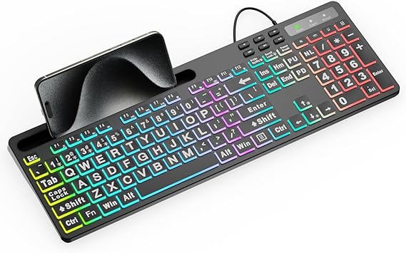 Large Print Backlit Keyboard, WK712 Wired Computer Keyboard with 7 Colors & 11 Modes Backlight, Silent Light Up Keyboard with Tablet Phone Holder, Full-Size Gaming Keyboard for Windows, Mac