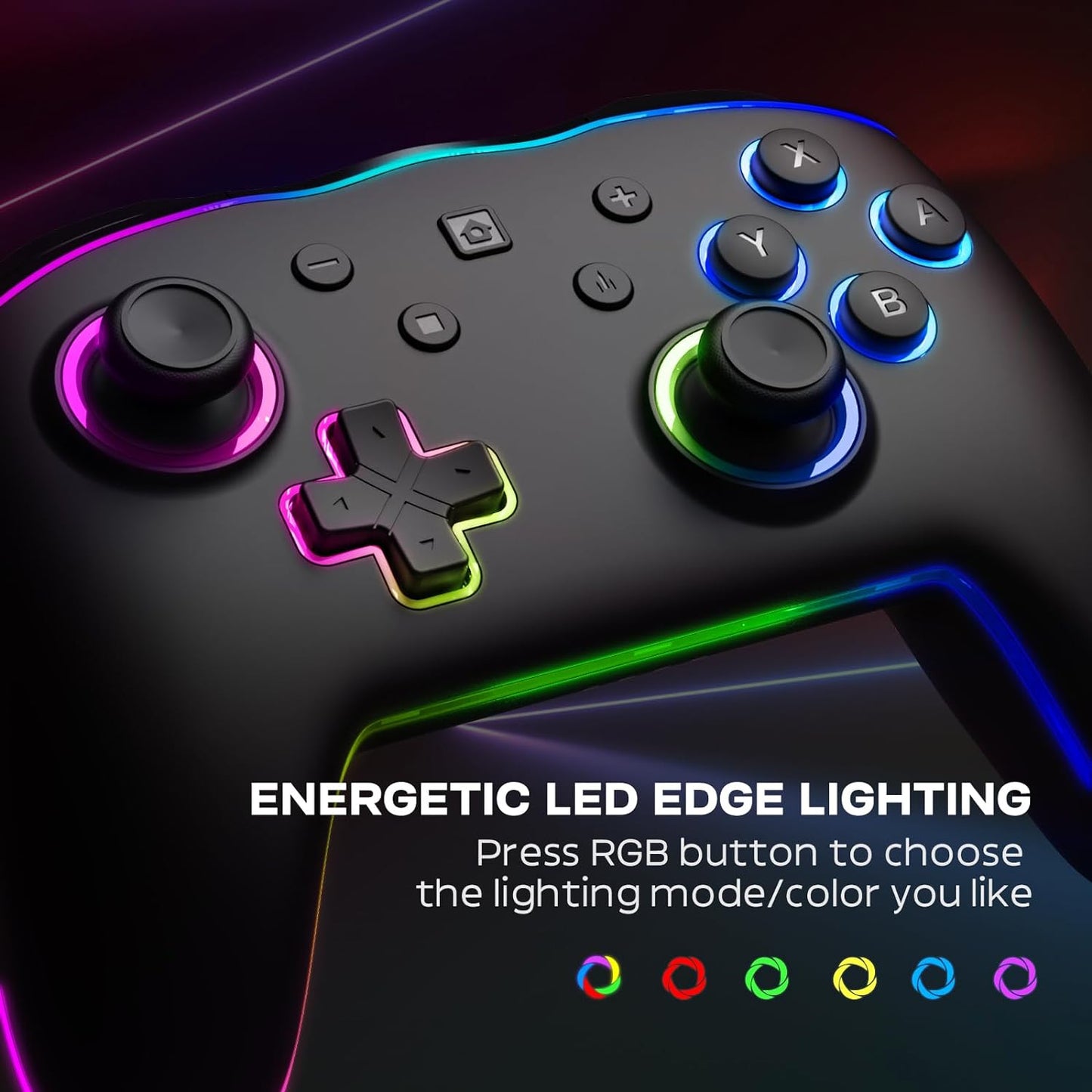 Colorful LED Switch Pro Controllers for Switch/Lite/OLED, Wireless Switch Controller with Adjustable Vibration,Turbo,6-Axis Gyro (Black LED)