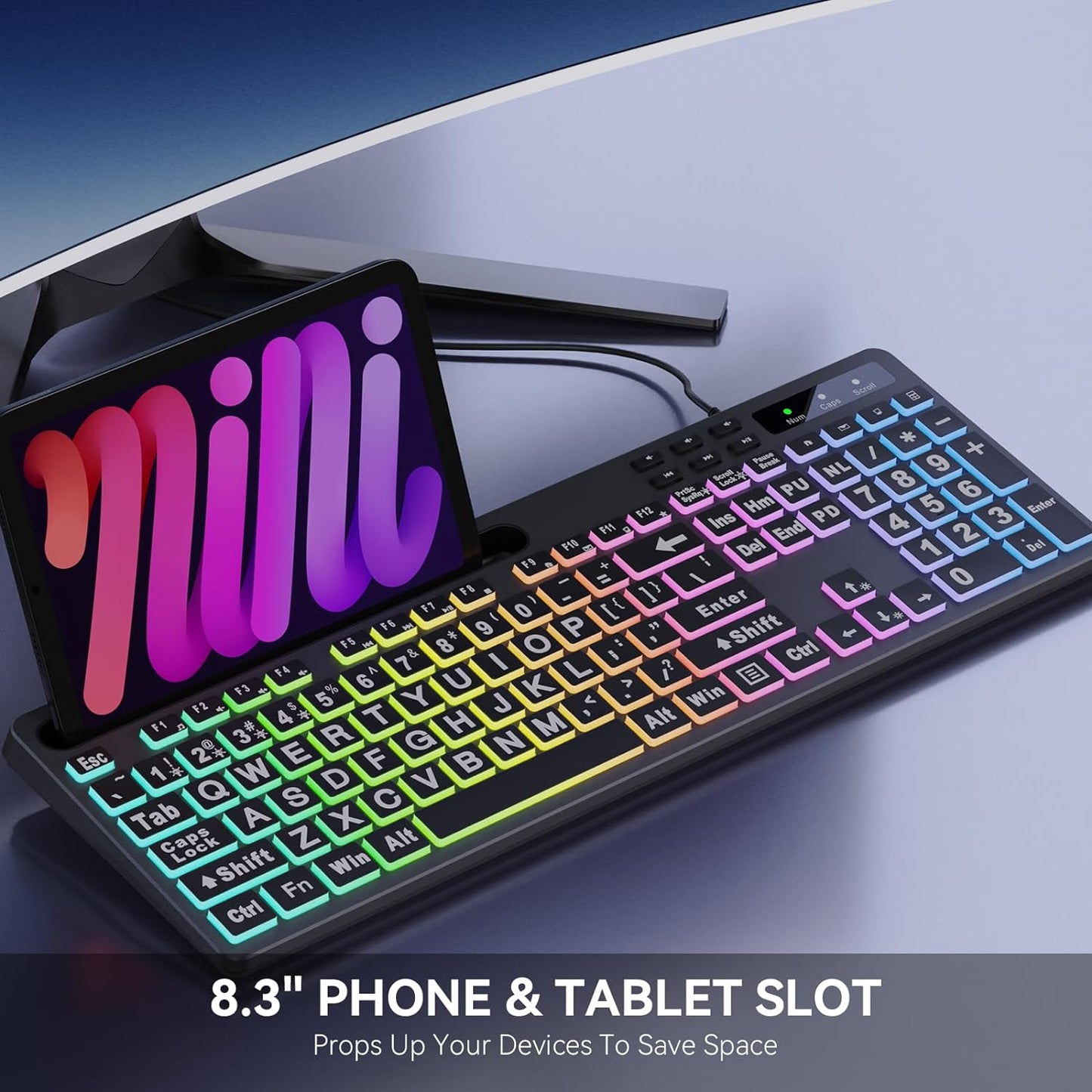 Large Print Backlit Keyboard, WK712 Wired Computer Keyboard with 7 Colors & 11 Modes Backlight, Silent Light Up Keyboard with Tablet Phone Holder, Full-Size Gaming Keyboard for Windows, Mac