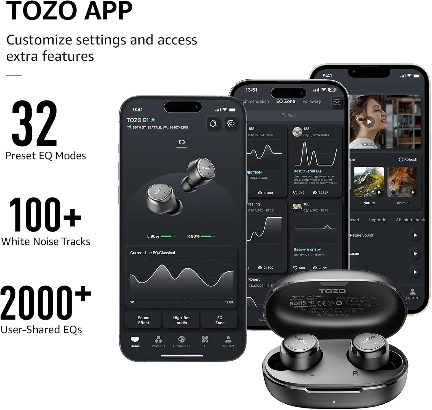 TOZO E1 Wireless Earbuds Build in Mic Clear Calls Ergonomic Light Weight Bluetooth 5.3 in Ear Headphones IPX6 Waterproof Premium Stereo Sound Ear Buds 30H Playtime with 32 EQs via APP, Black
