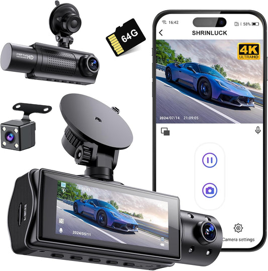 Miden X5 4K WiFi Dash Cam Front and Rear Inside, 2160P+1080P+1080P FHD 3 Channel Dash Camera for Cars, 360° All Sides Dashcam, Free 64G SD Card, G-Sensor, WDR, Night Vision, 24H Parking Monitor