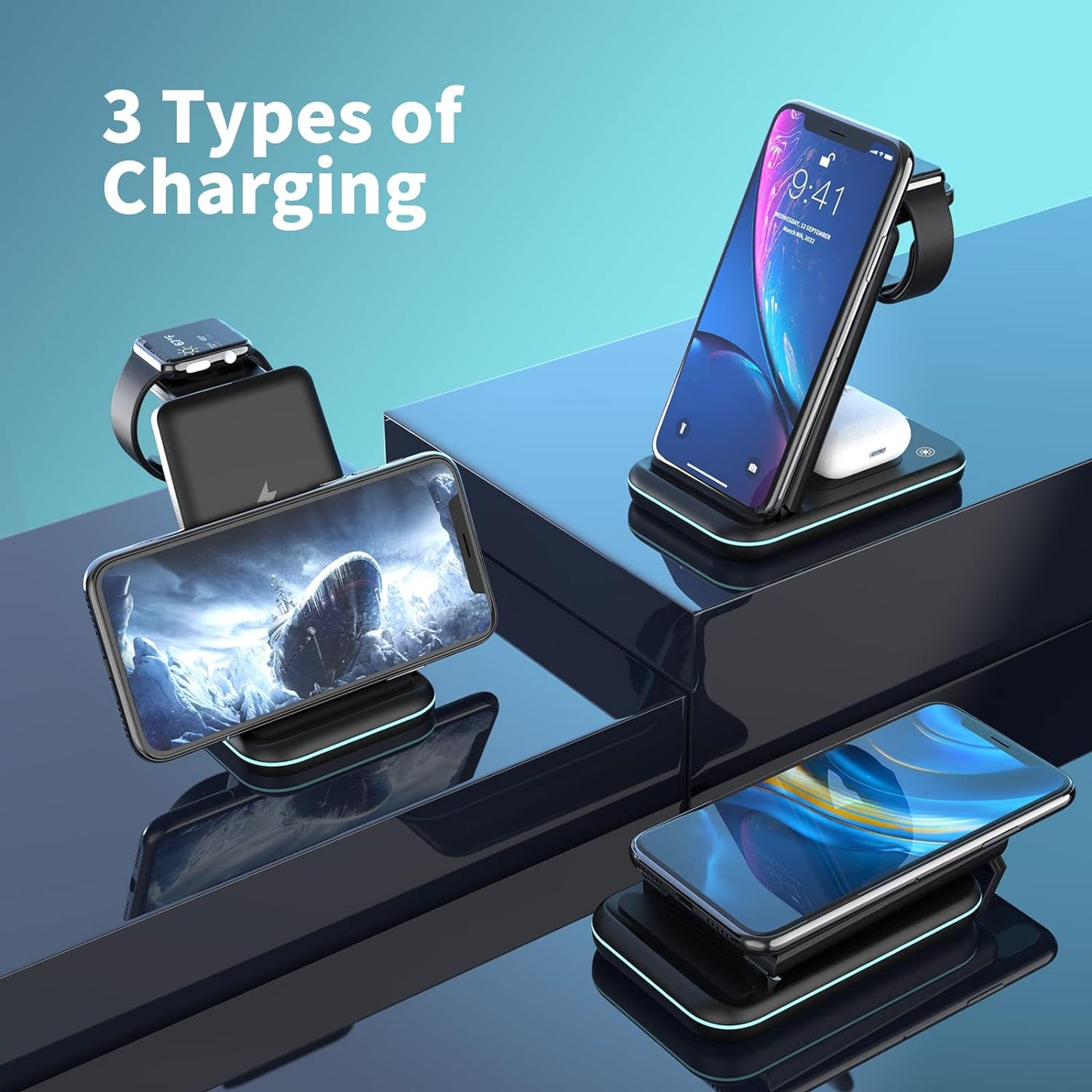 Wireless Charging Station, 3 in 1 Wireless Fast Charger Stand for iPhone 15/14/13/12/11/Pro/Max/XS/XR/X/8/Plus, for Apple Watch Ultra 8/7/6/5/4/3/2/SE, for AirPods 3/2/Pro(Adapter Included)