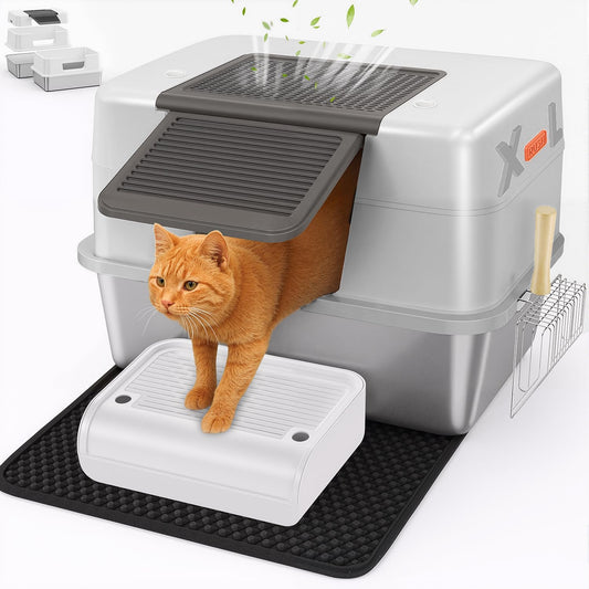 XL CEDBORR Stainless Steel Cat Litter Box with Lid,Large Enclosed High Side Metal Cat Litter Box with Pedals Suitable for Big Cats,Non-Sticky,Odor-Free,Easy to Clean ，Anti-Leakage(White)