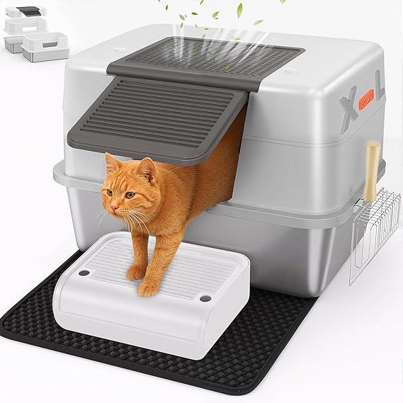 XL CEDBORR Stainless Steel Cat Litter Box with Lid,Large Enclosed High Side Metal Cat Litter Box with Pedals Suitable for Big Cats,Non-Sticky,Odor-Free,Easy to Clean ，Anti-Leakage(White)