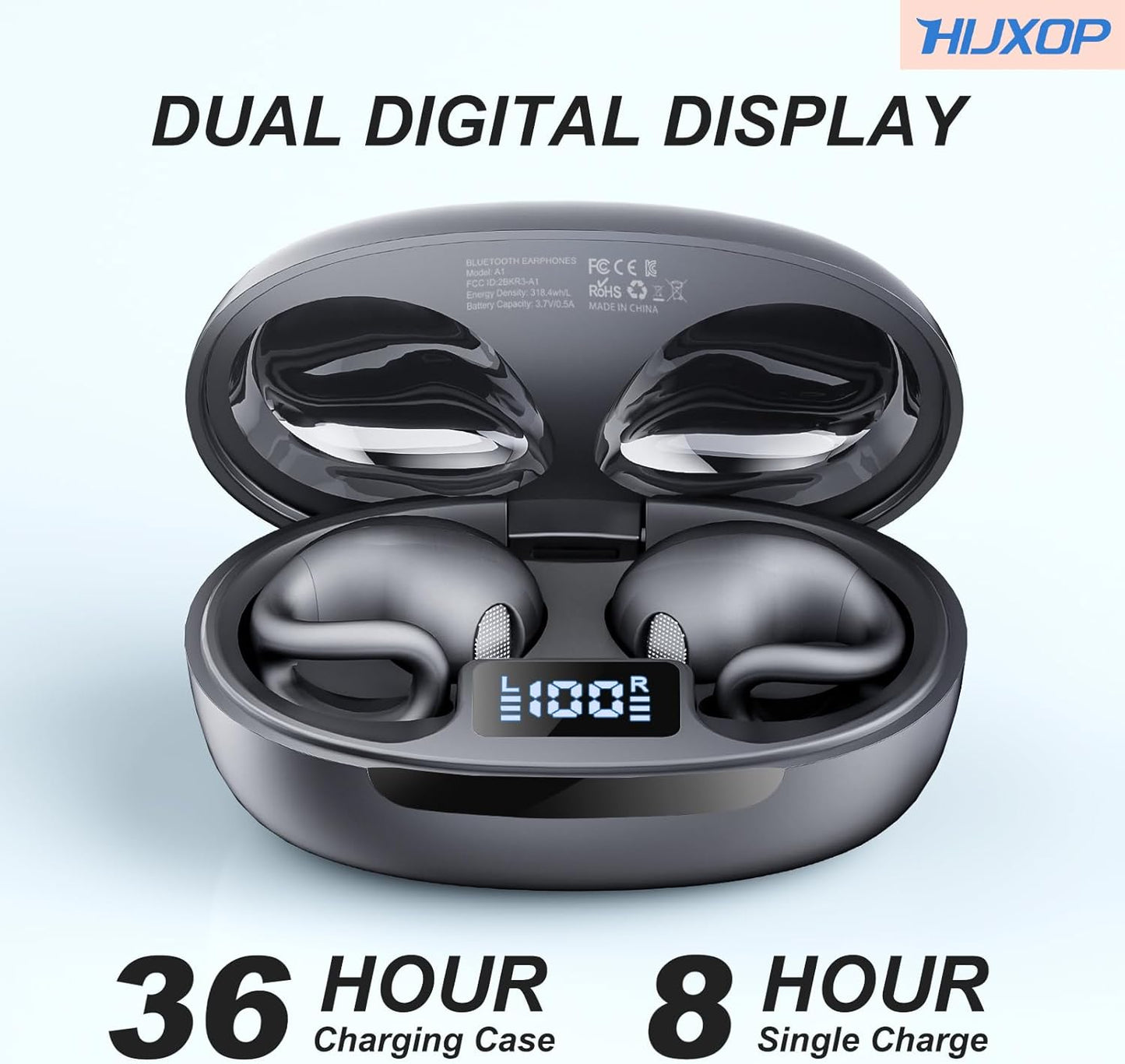 Open Ear Earbuds Lightweight Comfort Clip Wireless Earbuds Sweat Resistant Bluetooth Headphones Sport Headphones for Workouts and Running with Dual Digital Display 44H Playtime IPX7 Waterproof
