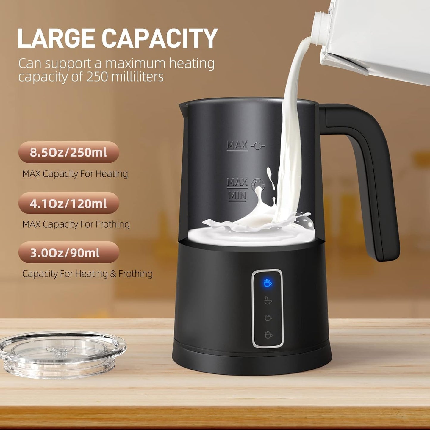 Milk Frother, 4-in-1 Multifunction Electric Milk Steamer, Automatic Hot & Cold Foam Maker and Milk Warmer for Latte with 4 Whisks, Perfect Froth Foam for Coffee, More, and Espresso, Black