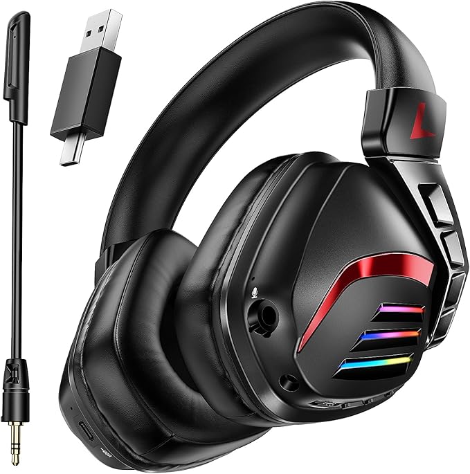 Wireless Gaming Headset for PS5 PS4 PC Switch, 2.4GHz Gaming Headphones with Microphone Detachable Noise Canceling, 7.1 Stereo, 30Hr Battery, USB & Type-C Double Dongle