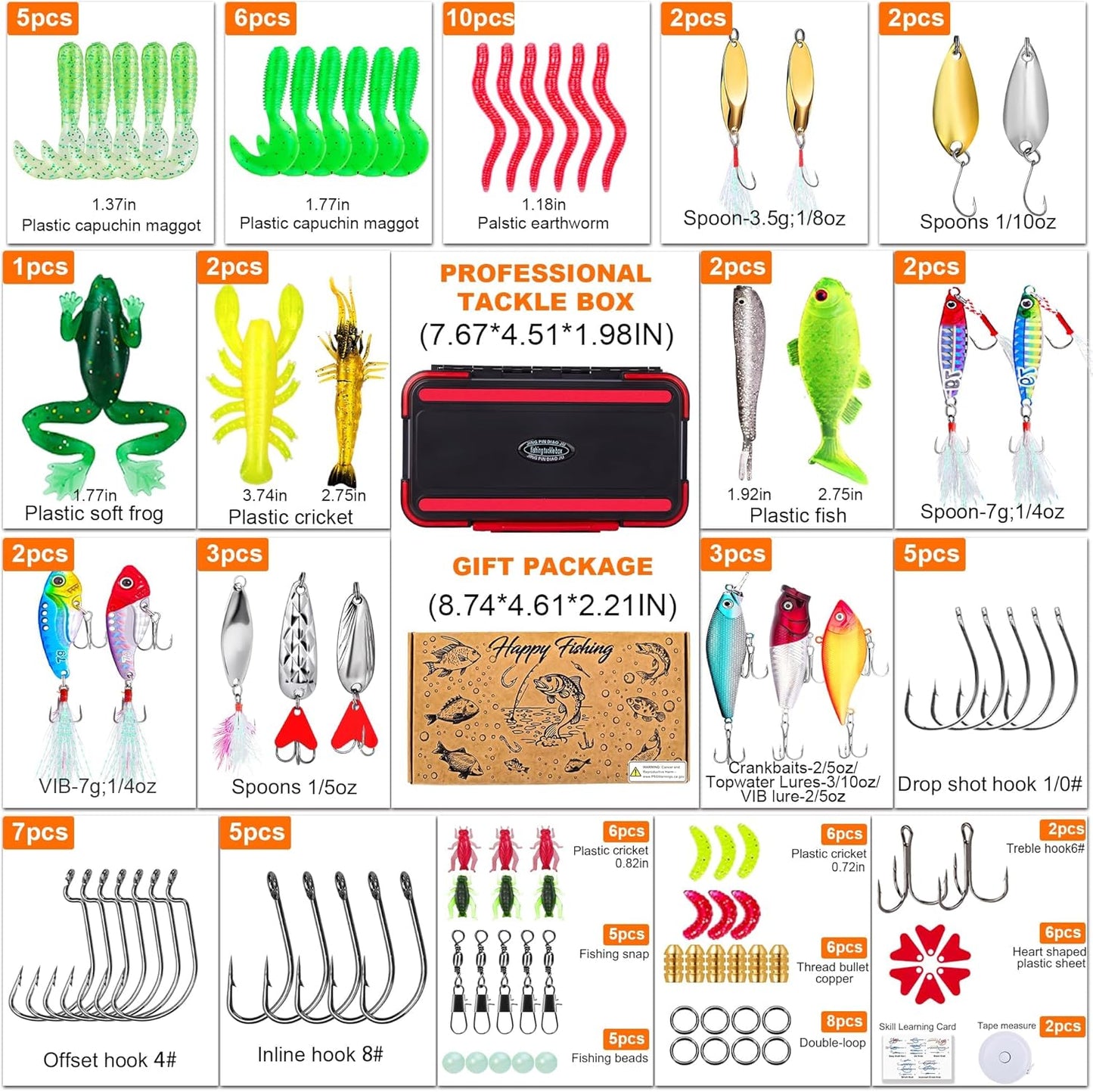 Fishing Lures Kit for Freshwater Tackle Box Kit for Bass Trout, Fathers Day Dad Gifts for Men Dad Husband Boys Beginner, Bait & Other Accessories Fishing Gear Gifts Ideas 105pcs Black