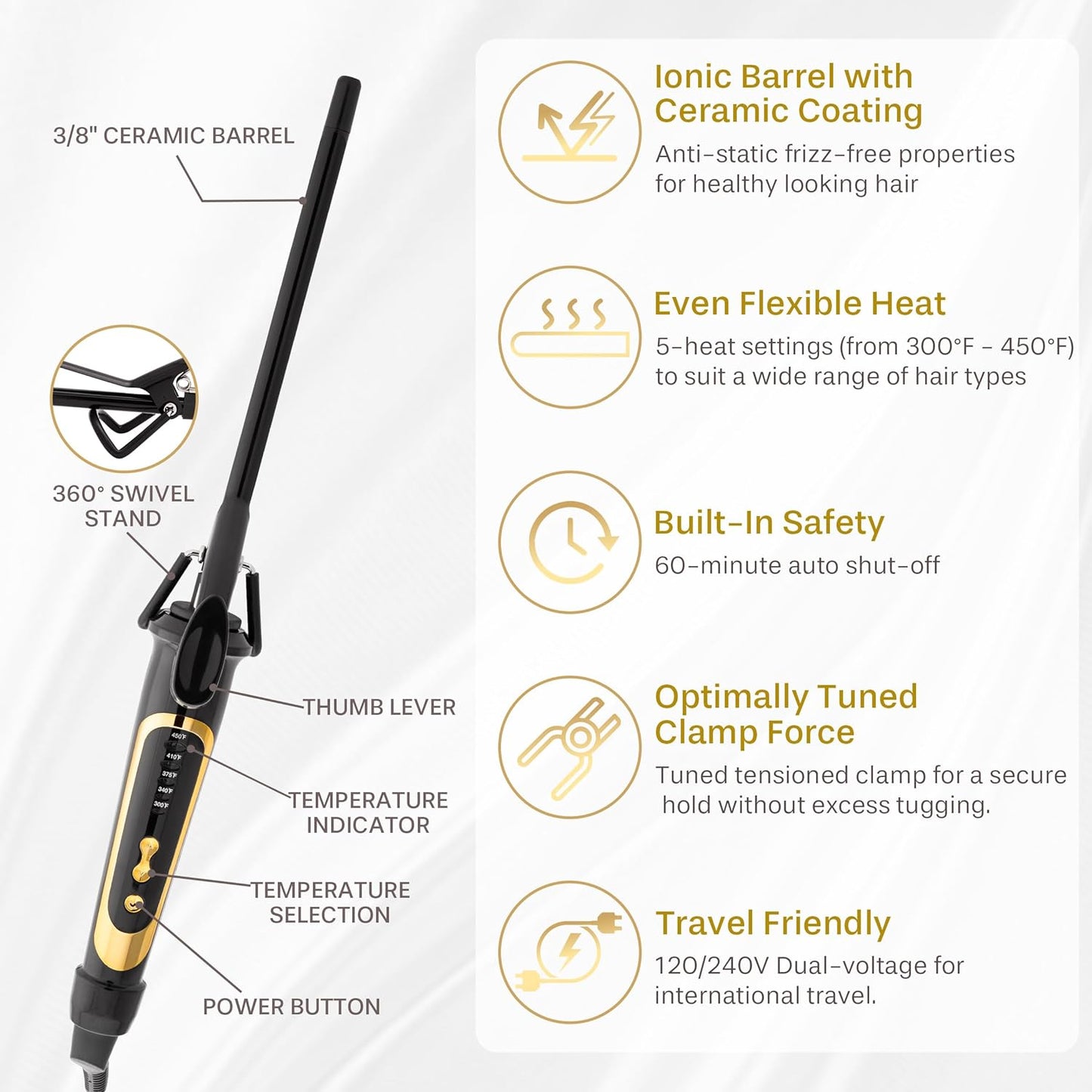 3/8 Inch Curling Iron Hair Wand Creates Tight Curls, Clearly Defined Spiral Curls & Shiny Ringlets - Extra-Slim Hair Styling Curler for Short & Long Hairs - Ceramic Coating Barrel, Heats Up to 450°F