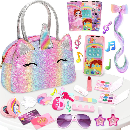 Unicorn Purse Toys-for-Girls,Real Washable Kids Makeup Kit for Girl,Toddler-Toys for 3 4 5 6 7 8 9 10 Year Old Girls Princess Dresses,Kids Toys,Unicorns-Gifts-for-Girls Christmas Birthday Party Favors