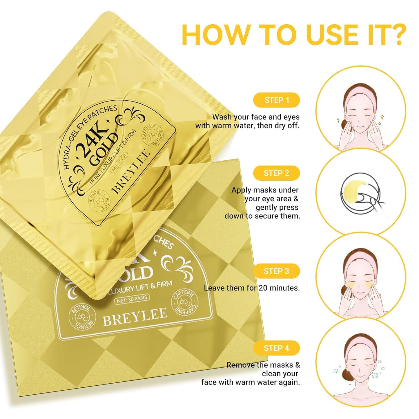 BREYLEE Under Eye Patches (30 Pairs), 24K Gold Eye Masks for Reducing Wrinkles and Fine Lines Under eye, Puffy Eyes and Dark Circles Treatments, Improve and Firm eye Skin, Pure Natural Extract