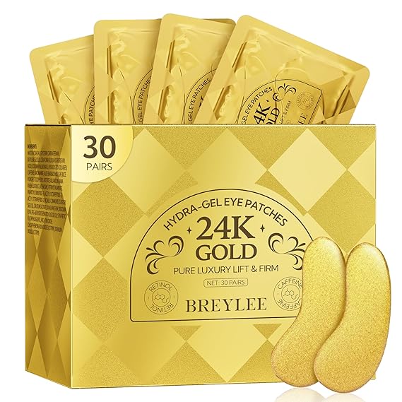 BREYLEE Under Eye Patches (30 Pairs), 24K Gold Eye Masks for Reducing Wrinkles and Fine Lines Under eye, Puffy Eyes and Dark Circles Treatments, Improve and Firm eye Skin, Pure Natural Extract