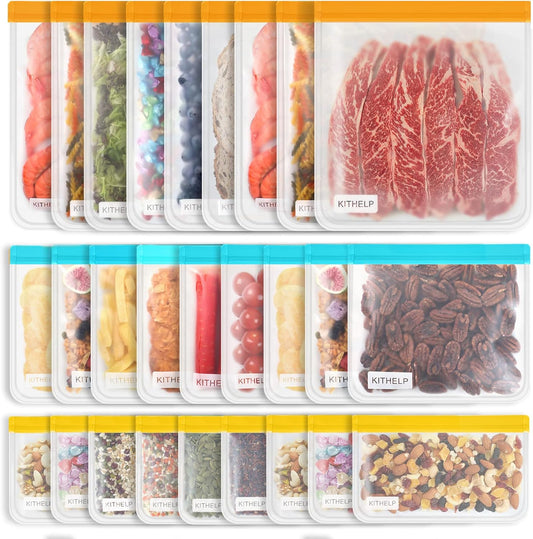 27 Pack Reusable Storage Bags BPA Free, Leak-proof Freezer Bags (9 Reusable Gallon Bags + 9 Reusable Sandwich Bags + 9 Reusable Snack Bags) Washable Eco-Friendly Lunch Bags