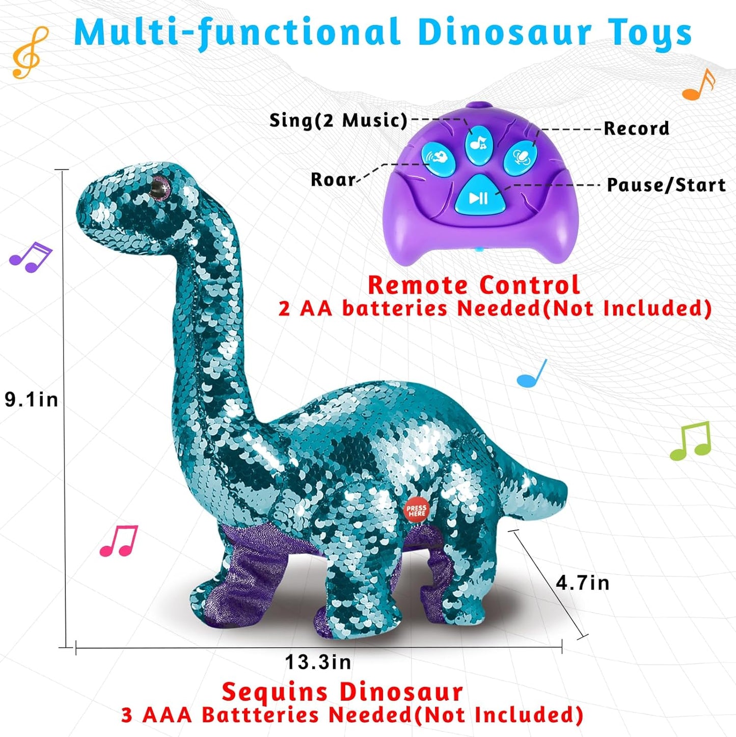 Remote Control Dinosaur Toys for Girls 2-4 3-5, Rc Reversible Sequins Walking Dinosaur Toys with Dino Sound, Music & Recording Function, Best Birthday Gifts for 2 3 4 Year Old Girl