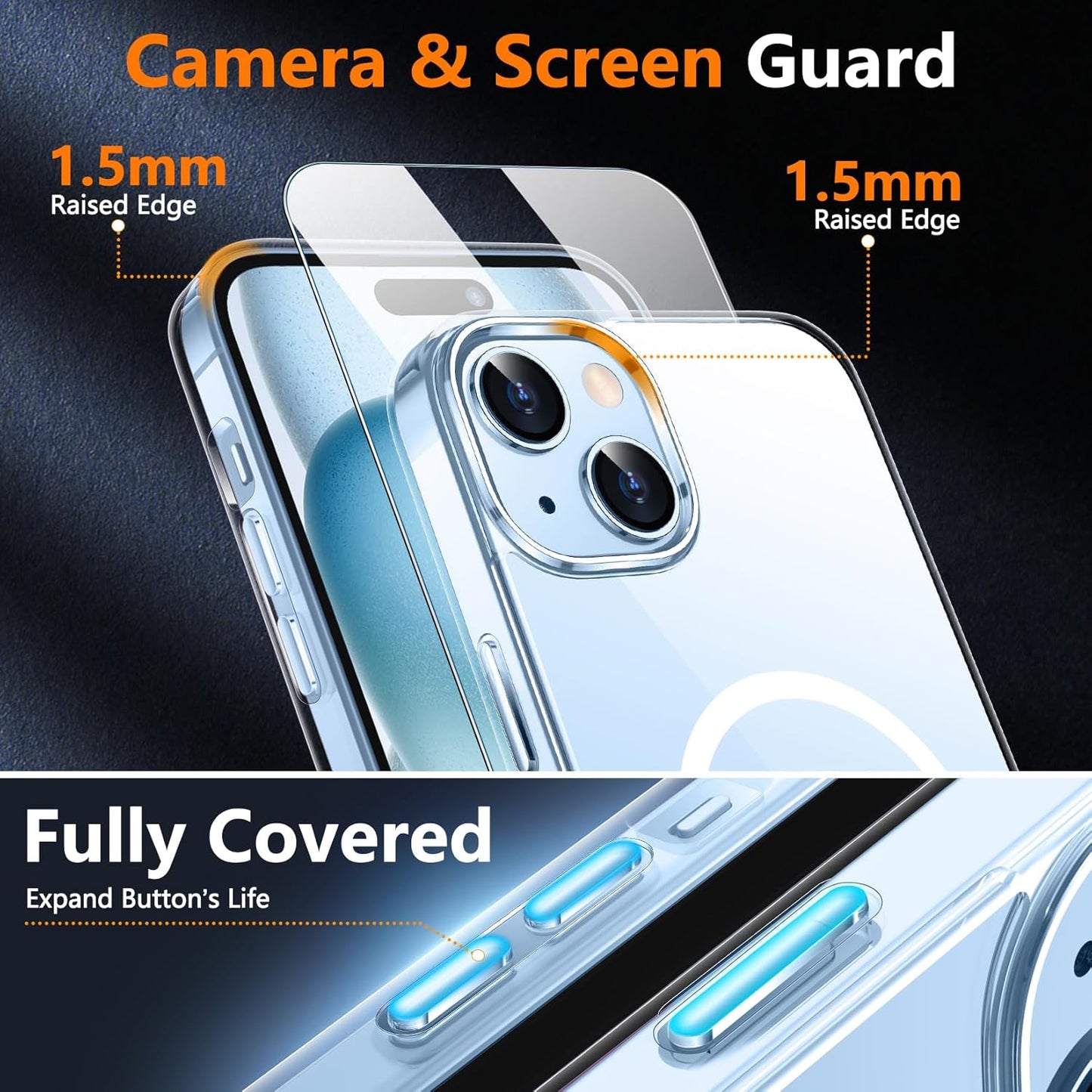 CASE for iPhone 15 Case/iPhone 14 Case, with Invisible Kickstand, Magnetic Case [10 FT Military Grade Protection] [2 pcs Tempered Glass Screen Protectors] Shockproof Slim Case, Clear