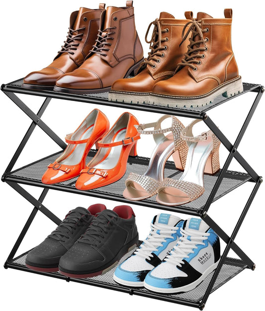 Small Shoe Rack for Entryway - 3 Tier Shoe Organizer Metal Foldable Shoes Storage Rack, Zero Tool Install, Sturdy Shoe Rack for Closet, Living Room - Space Saving, Black