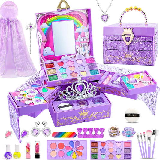 Kids Makeup Set for Girls: Washable Play Makeup Set with Mirror, Crown, Magic Wand, Cape & Nail Accessories, Princess Dress Up Toys, Gift for 5-8 Year Old Girls