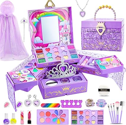 Kids Makeup Set for Girls: Washable Play Makeup Set with Mirror, Crown, Magic Wand, Cape & Nail Accessories, Princess Dress Up Toys, Gift for 5-8 Year Old Girls