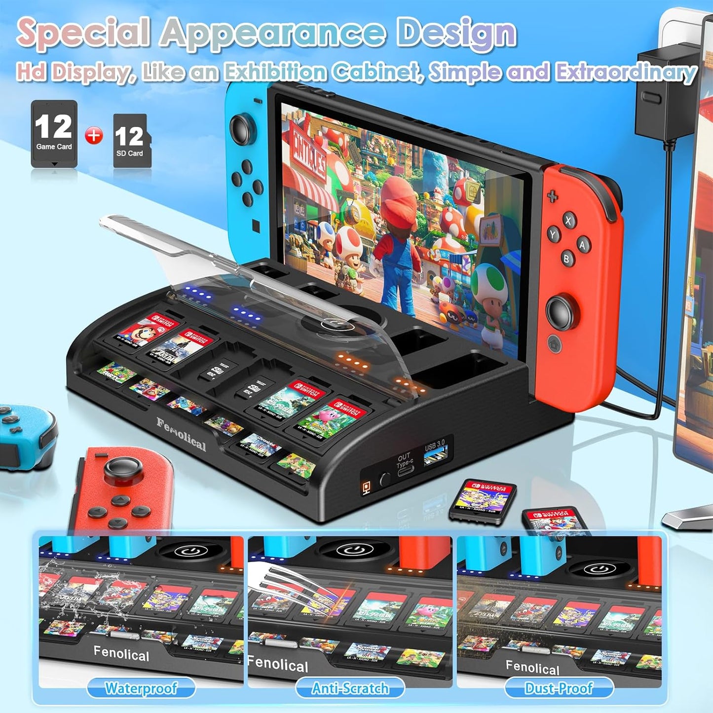 TV Switch Dock Station for Nintendo Switch/OLED with Joycon Controller Charging, Support 4K/1080P HDMI Switch Charger Docking Station for Switch Accessories with 12 Game Slots