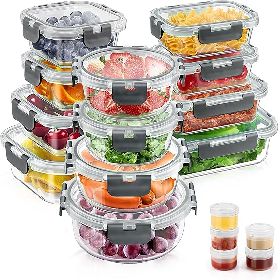 34pcs Glass Food Storage Containers with Lids Set, Airtight Glass Meal Prep Containers (17 Containers & 17 Lids),Leak Proof Lunch Containers BPA-Free, Microwave, Oven, Freezer, Dishwasher,Grey