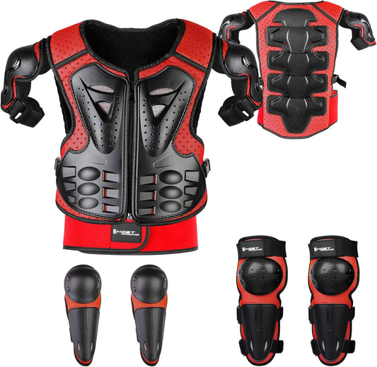 Youth Dirt Bike Gear, JUSTDOLIFE 5 PCS Motorcycle Armbor Protection Jacket, Kids Motorcycle Armor with Knee Pads Elbow Pads Chest Protector Racing for Outdoor Sports