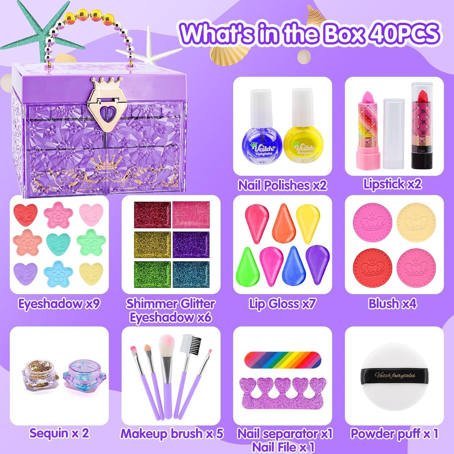 Kids Makeup Set for Girls: Washable Play Makeup Set with Mirror, Crown, Magic Wand, Cape & Nail Accessories, Princess Dress Up Toys, Gift for 5-8 Year Old Girls