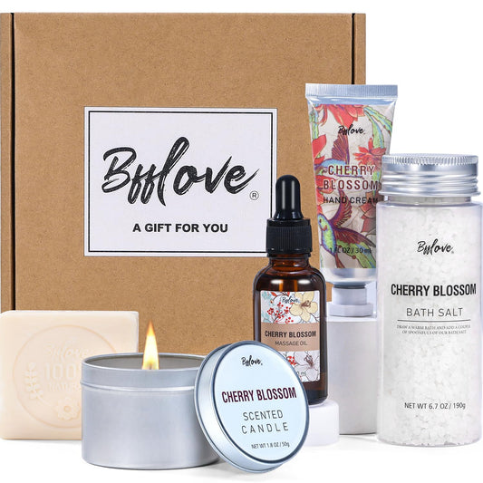 Gifts for Women BFFLOVE Gift Set for Women 5pcs Cherry Blossom Spa Set, Birthday Gifts for Women with Massage Oil, Scented Candle, Bath Salts, Hand Cream, Mothers Day Gifts