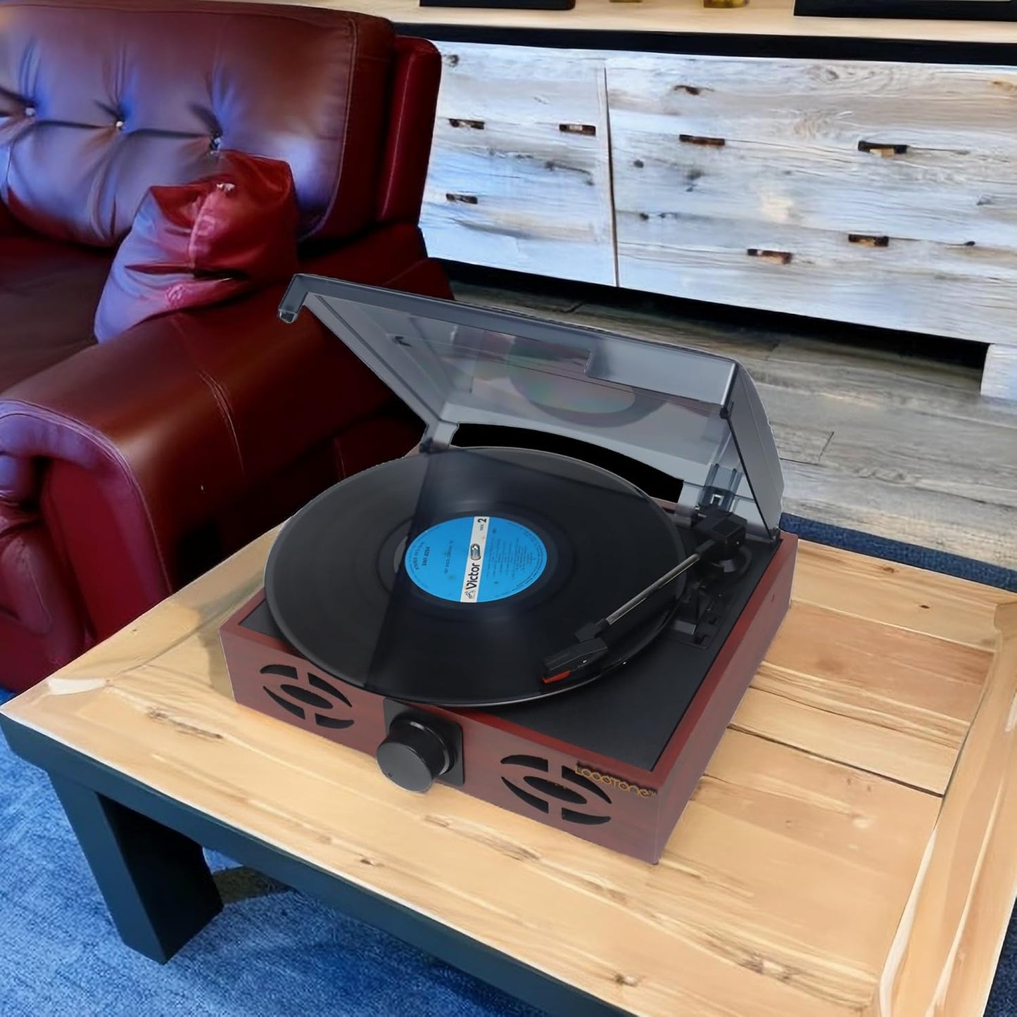 3 Speed Vinyl Record Player Wooden Turntable with RCA Line Out and USB Output for Recording