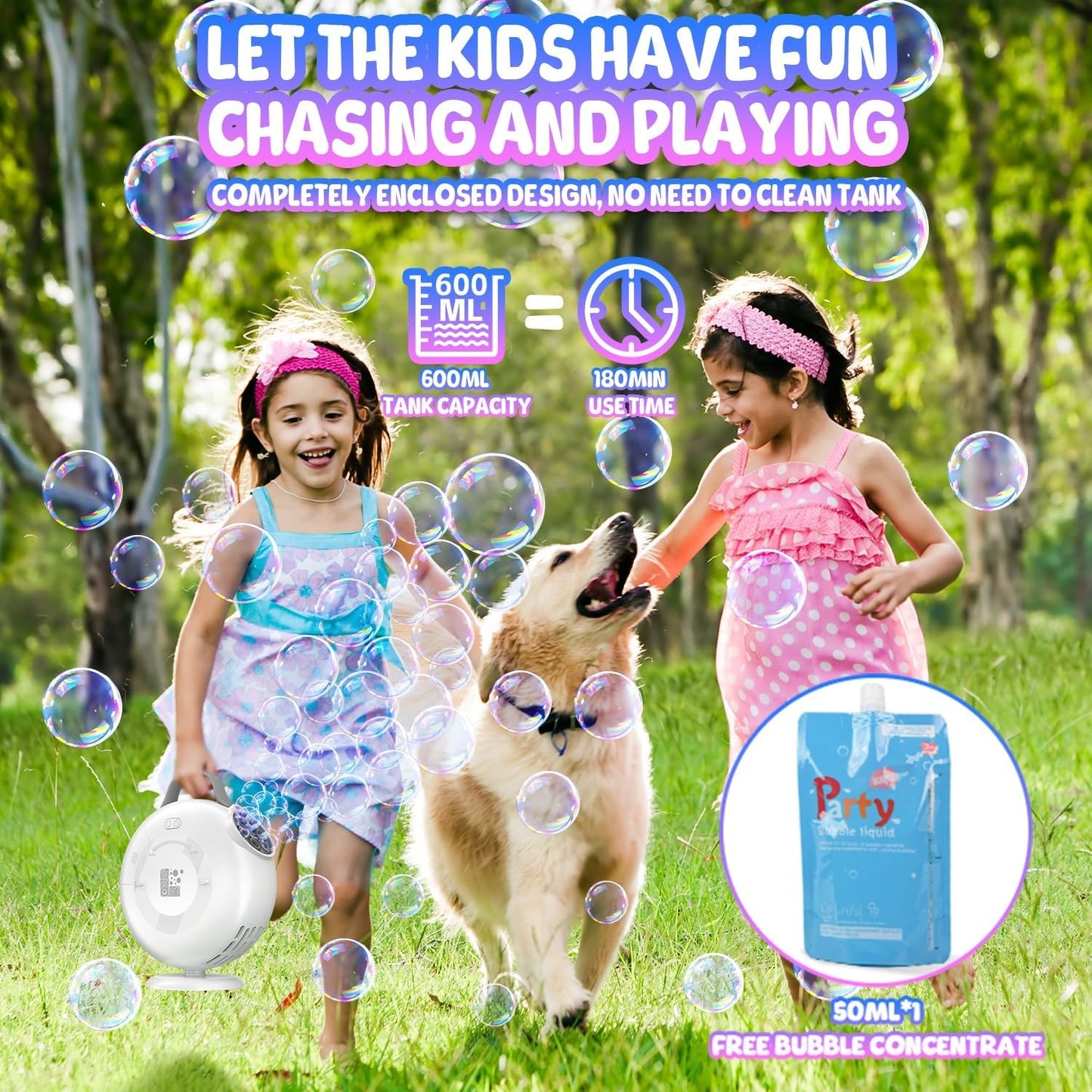 Bubble Machine, Automatic Bubble Blower for Kids Toddlers, 8000+ Bubbles Per Minute, 90° 200° Oscillating Electric Bubble Maker Operated by Plug-in or Batteries, Bubble Toys for Outdoor Birthday Party