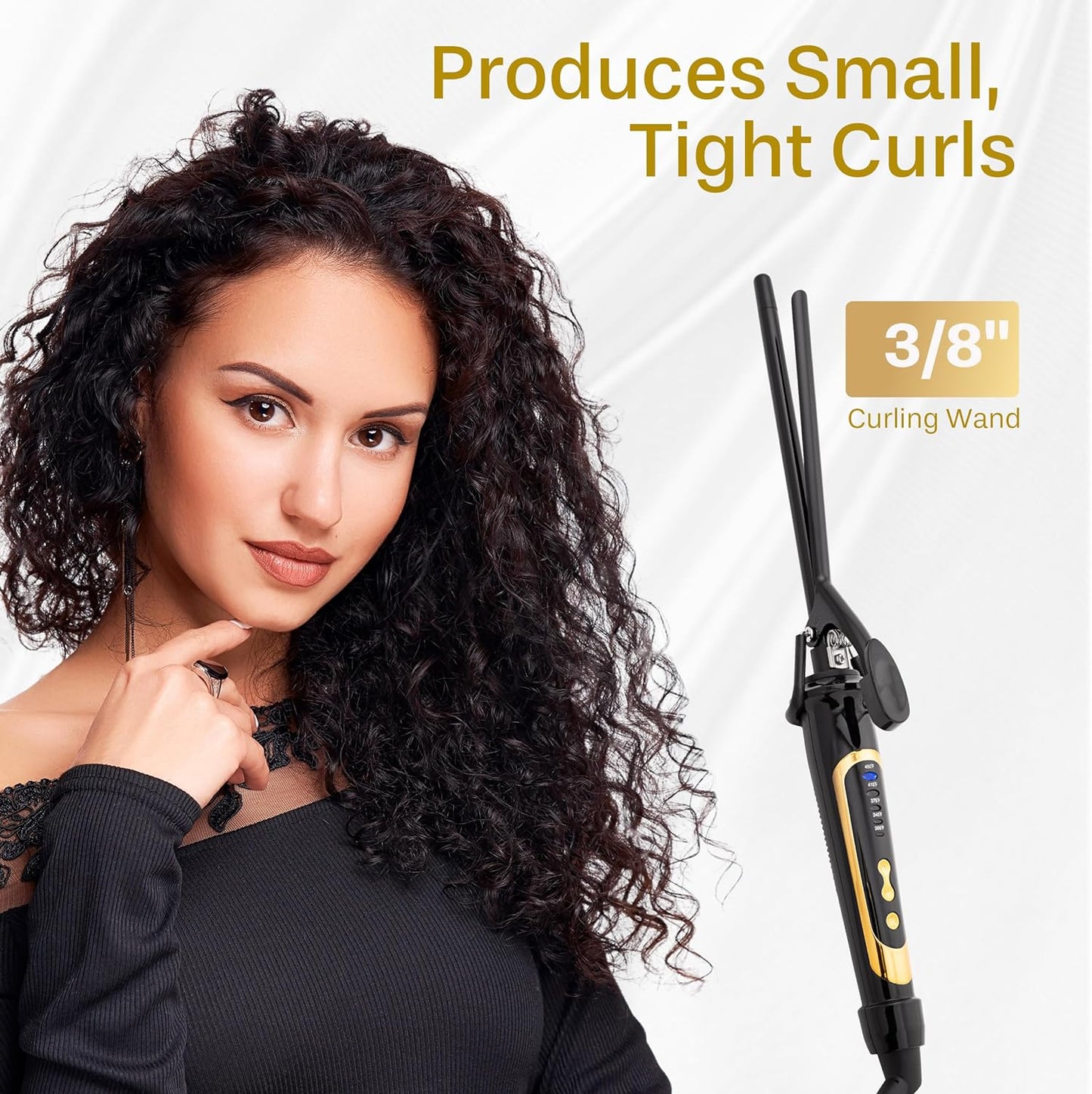 3/8 Inch Curling Iron Hair Wand Creates Tight Curls, Clearly Defined Spiral Curls & Shiny Ringlets - Extra-Slim Hair Styling Curler for Short & Long Hairs - Ceramic Coating Barrel, Heats Up to 450°F