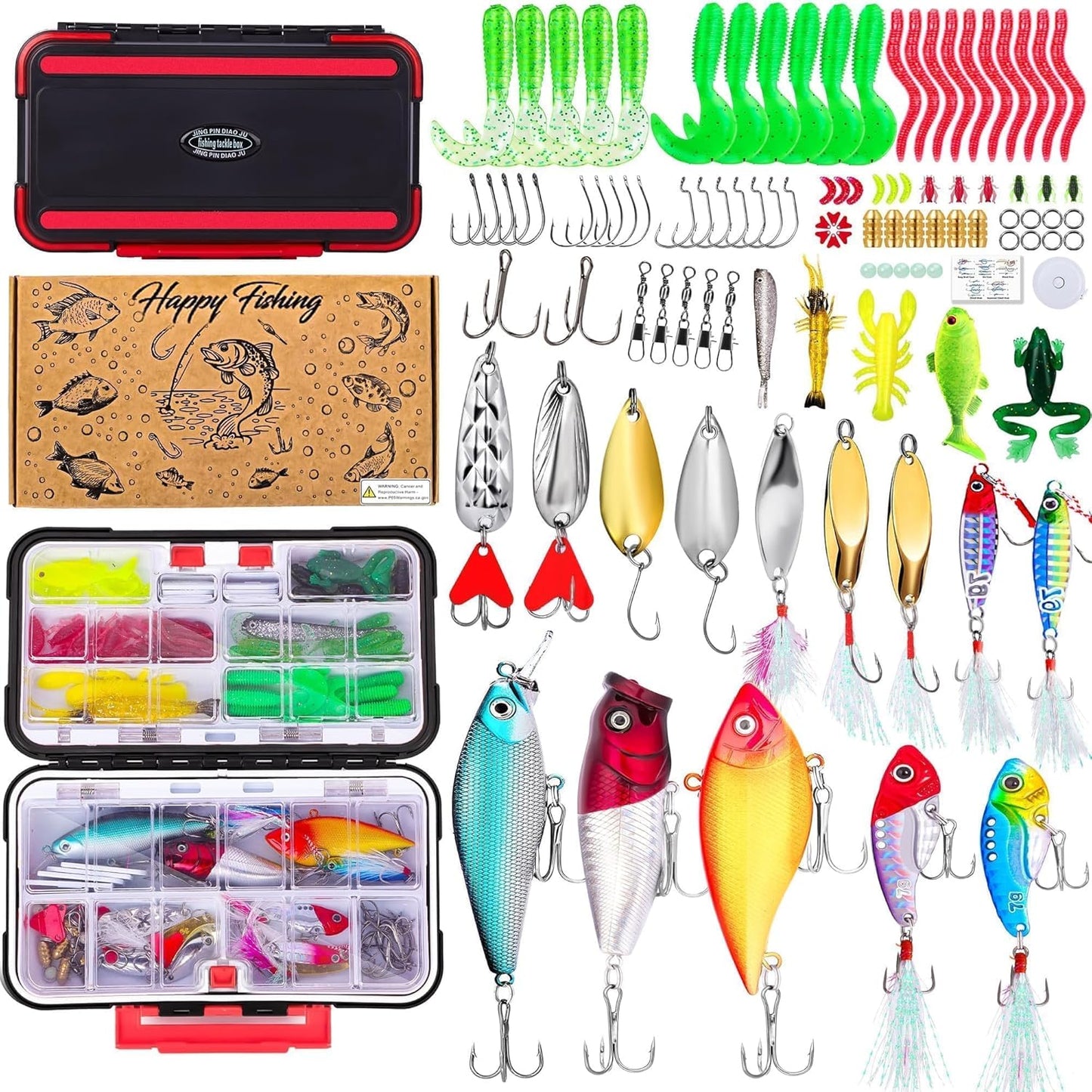 Fishing Lures Kit for Freshwater Tackle Box Kit for Bass Trout, Fathers Day Dad Gifts for Men Dad Husband Boys Beginner, Bait & Other Accessories Fishing Gear Gifts Ideas 105pcs Black