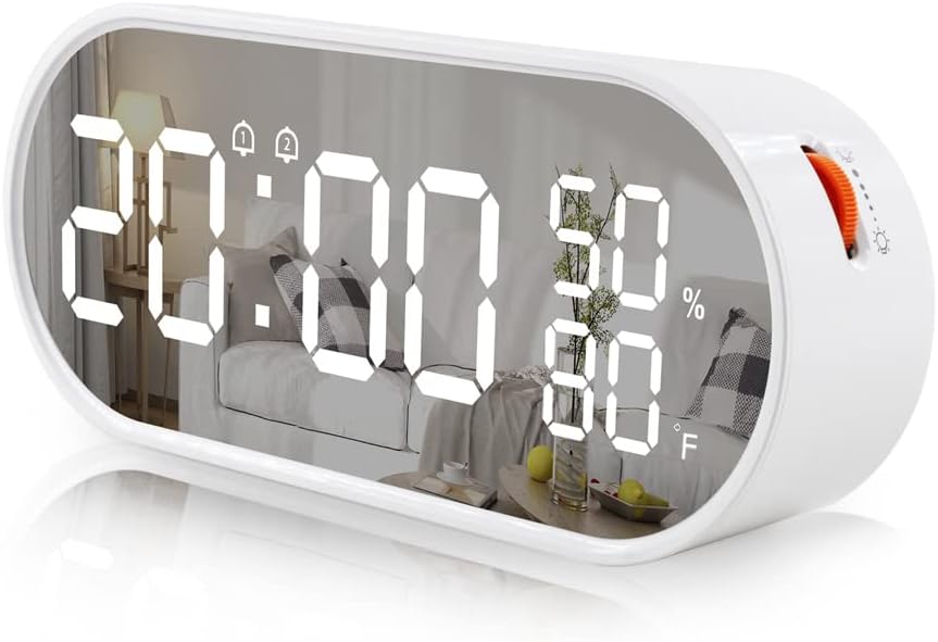 Digital Alarm Clock with USB Port for Charging, Mirror Surface LED Time Display,Humidity Temperature Detect,Dual Alarm with Snooze Mode,Brightness Adjustable,Alarm Clock for Bedroom Desk