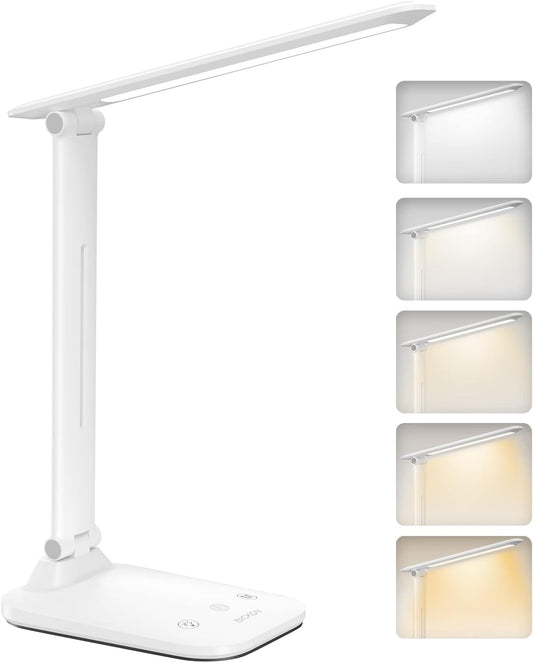 LED Desk Lamp Foldable, 5 Lighting Colors and 100%~15% Brightness Levels Office Lamp, Touch Control and USB Powered Reading Lamp, Eye-Caring Table Lamp for Read,Work,Study,Sew,Makeup,Manicurist