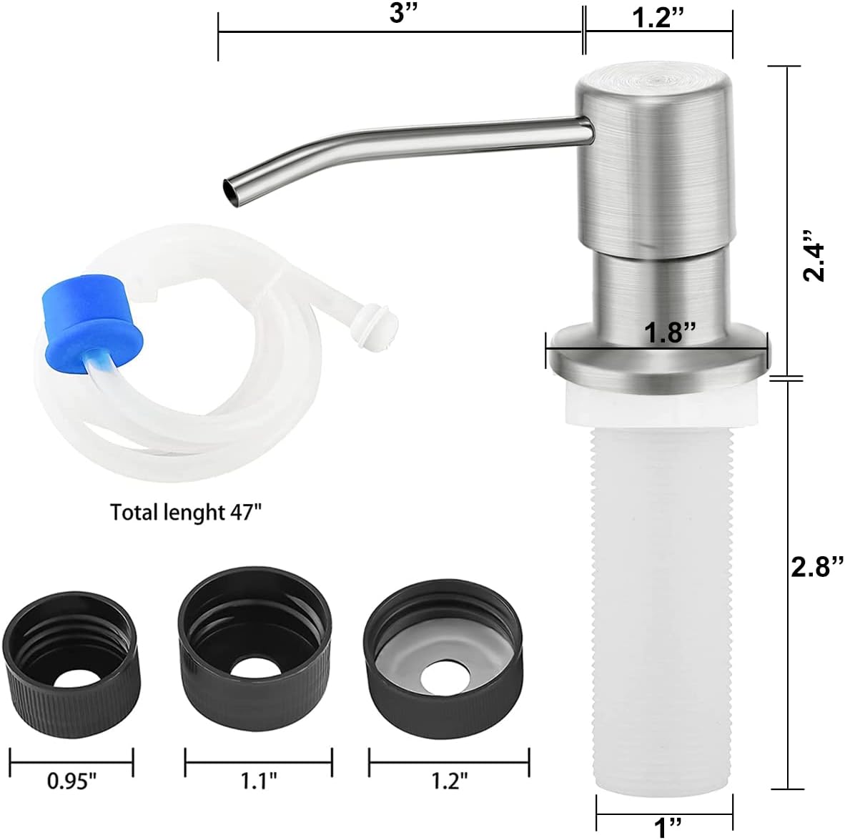 Soap Dispenser for Kitchen Sink and Extension Tube Kit, Built in Stainless Steel Sink Soap Dispenser, Countertop Water Pump with 47" Tube