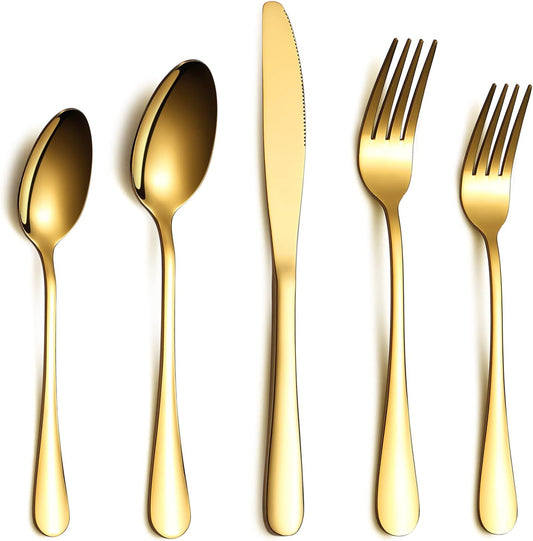 Flatware Set 20 Piece, Stainless Steel With Titanium Gold Plated, Golden Color Flatware Set, Silverware, Cutlery Set Service For 4 (Shiny Gold)