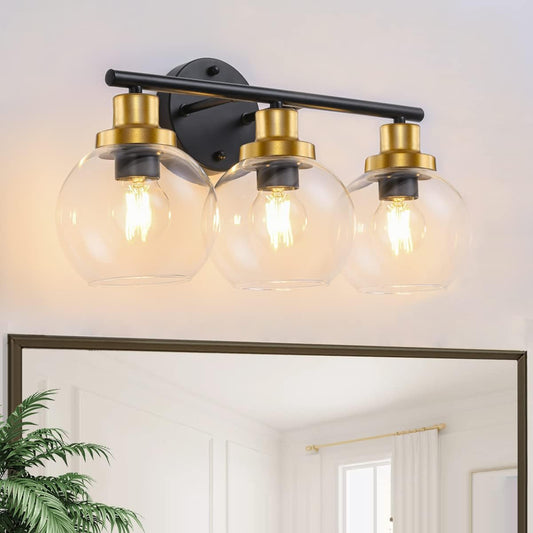 Pasearo Bathroom Light Fixtures, 3-Light Bathroom Vanity Light with Clear Globe Glass Shade, Black Gold Modern Wall Sconces Lighting Over Mirror,22 inch Vintage Light Exclude Bulb for Bedroom Hallway