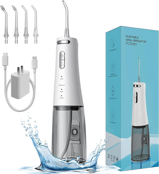 Water Flosser for Teeth Dental Oral Irrigator, Cordless Water Flosser for Braces Oral Care, Portable Rechargeable IPX7 Waterproof Water Teeth Cleaner Pick with 4 Jet Tip for Home Travel Adults(White)