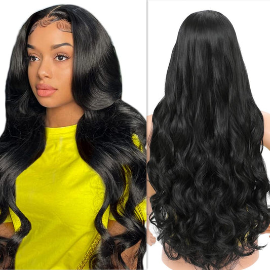 Long Black Wig For Women 30 Inch Long Curly Wig with Lace Heat Resistant Long Wavy Wig Natural Looking Middle Part Hair Replacement Wig Soft Synthetic Lace Front Wig For Daily Cosplay Halloween