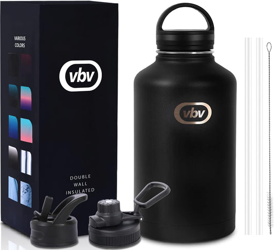 vbv Insulated Water Bottle - 64 Oz, 3 Lids (Straw Lid), Half Gallon Large Metal Stainless Steel Water Jug, Big Double Wall Vacuum Flask, Leakproof Keep Cold & Hot for Sports and Travel