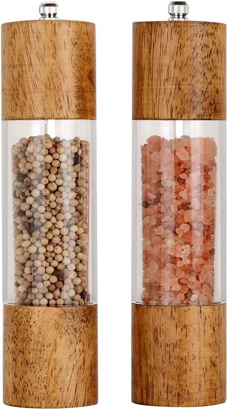 XWXO Premium Acrylic Salt and Pepper Grinder Set, Manual Salt and Pepper Mills- Wooden Shakers with Adjustable Ceramic Core-Salt Grinder and Pepper Mill -8 Inches-Pack of 2