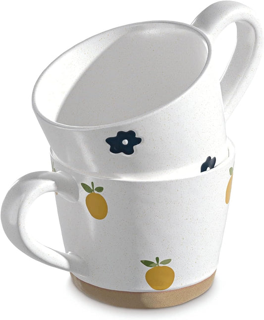 Coffee Mugs Set of 2, 12oz/350ml Ceramic Handles Couple Cup, Flowers and Oranges Mug Best Gifts Novelty Coffee Mug Gift for Women/Men at Home, Kids Mug for School Microwave Safe